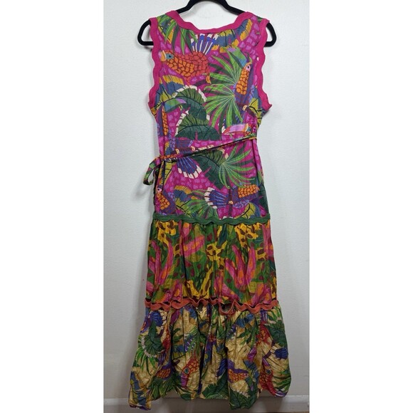 (T7) FARM RIO Wrap dress with painted toucan print. Long dress, tiered , size L - Picture 3 of 15